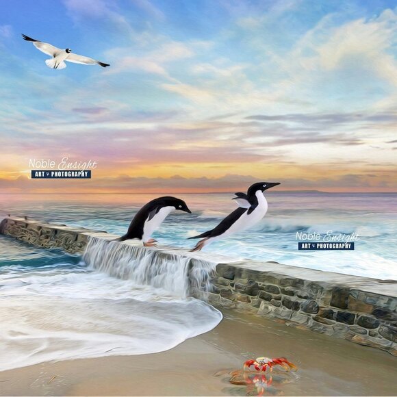 NobleCaptures Other - 16x20 Penguin‎ Fantasy Ocean Landscape Watercolor Oil Painting Art Poster